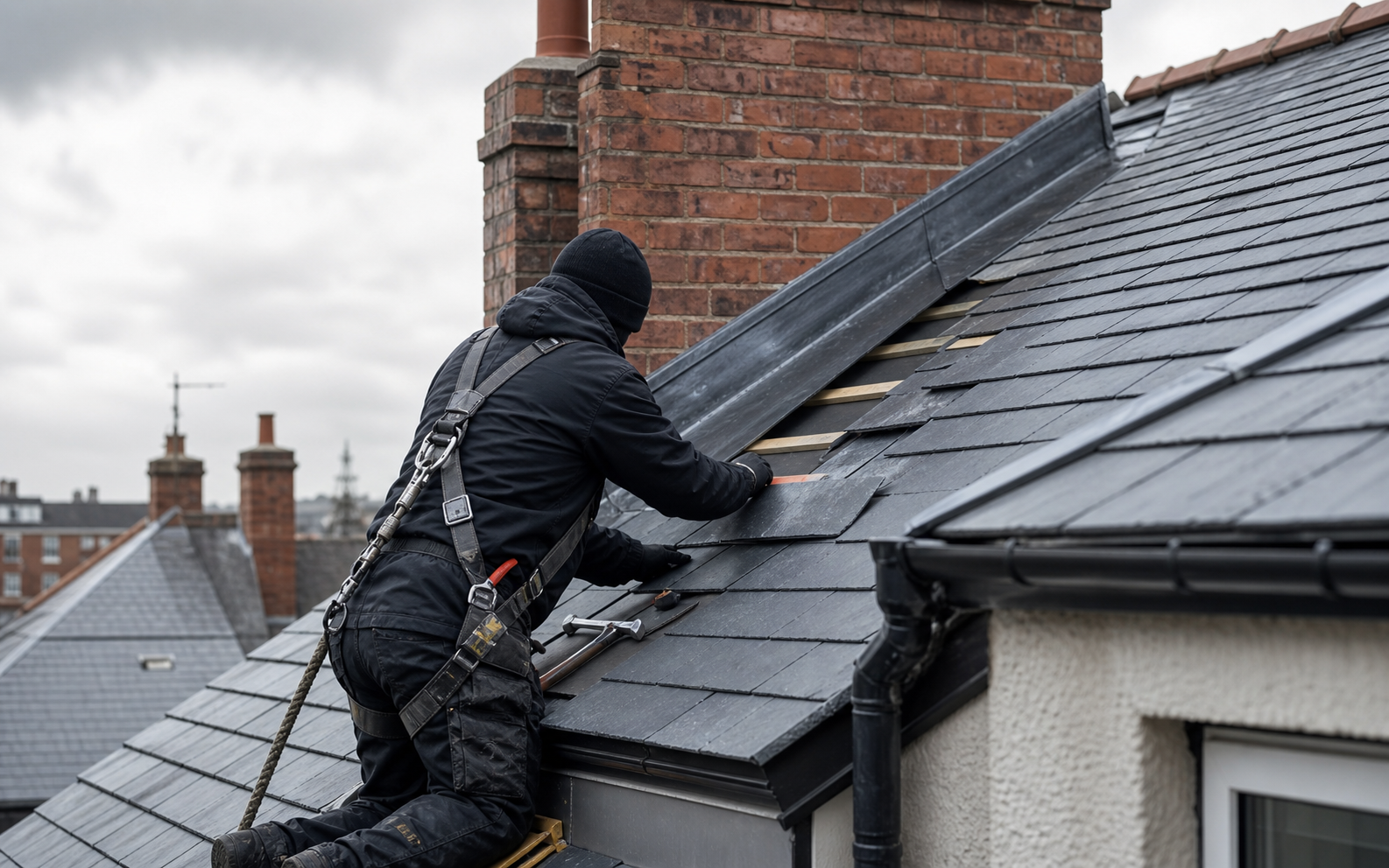 Slate pitched roof with ridge tiles, valley and lead flashing under an overcast sky
